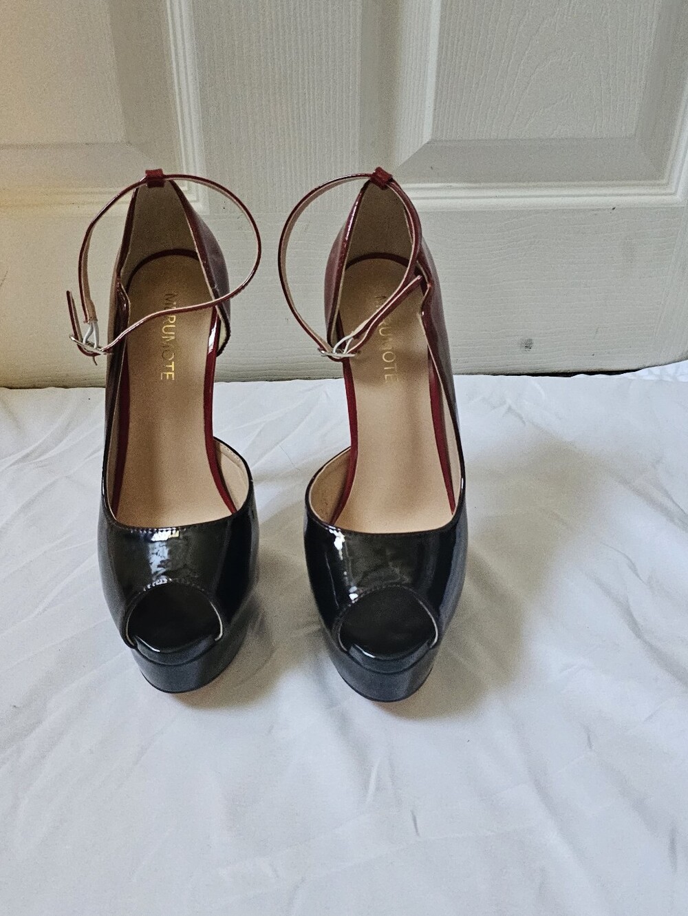Merumote Size 6.5 Black Burgundy Patent Peep Toe Platform Stiletto Heels - Picture 3 of 11